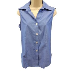 Foxcroft blue sleevless no iron fitted button up blouse top sz 8 career casual #